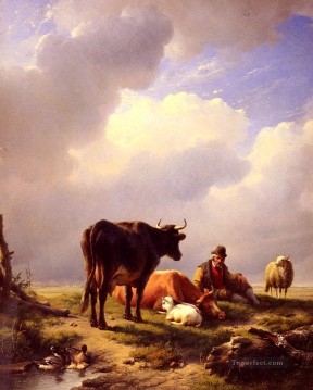 Un agricultor en reposo con su ganado Eugene Verboeckhoven Pinturas al óleo